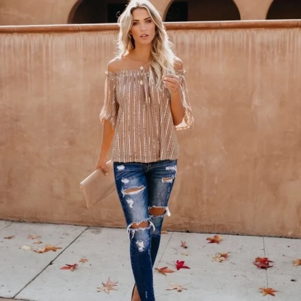 Vici Gold Sequin Off the Shoulder Top - Picture 2 of 11